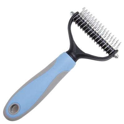 China Sustainable Beauty And Dog Cat Pet Hair Removal Comb Daily Cleaning Double Sided Blades Fur Dematting Trimmer Deshedding Brush Grooming Tool for sale