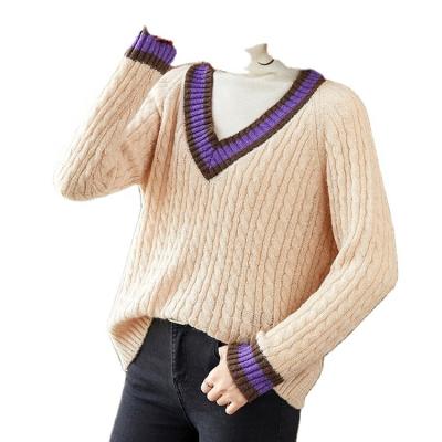 China E20210603-6 Anti-wrinkle OEM new fashion modest custom v-neck knitted lady pullover with long sleeve wool cashmere sweater for sale