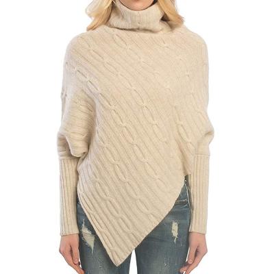 China High quality warm cable knitted winter cashmere lady turtle neck long poncho for sale