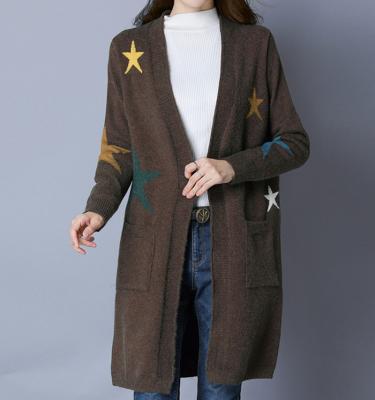 China P18B219TR Wool Breathable Cashmere Knitted Lady Star Cardigan Sweater Coat Long With Pocket for sale