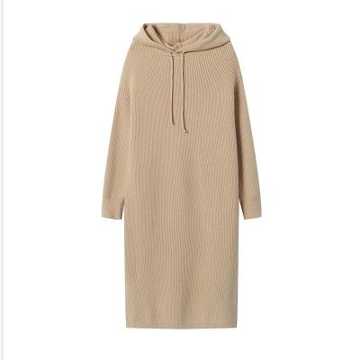 China P18B071CH Anti-wrinkle wool cashmere solid color ribbed knit women long sleeves hoodie sweater dress with side slit for sale