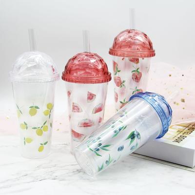 China PS 380ml Food Grade Double Wall New Products Beverage Mug Beverage Eco-Friendly Milk Tea Plastic Cup With Straw for sale