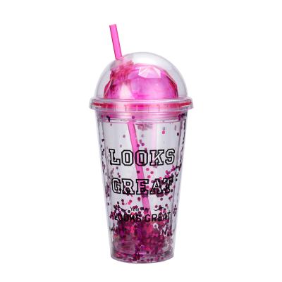 China Viable Wholesale Spill Proof Mug With Straw 16oz BPA Free Dome Glitter Plastic Cup With Straw for sale