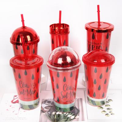 China Double Wall Drinks Cup Wholesale Viable Bling Bling Plastic Cup Red Color And Watermelon Mug With Straw for sale