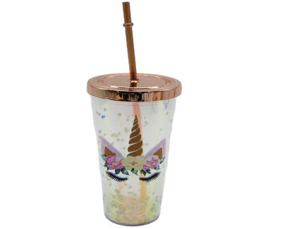 China Glitter Cup Glitter Straw 16oz EC-Friendly Sippers With Plastic Straw BPA Free Unicorn Cup Wholesale for sale