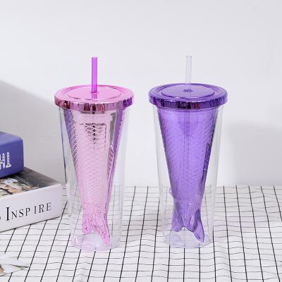 China 450ml Cute New Eco-friendly Cartoon Mermaid Plastic Straw Cup Color Electroplate Juice Plastic Fishtail Straw Cup for sale