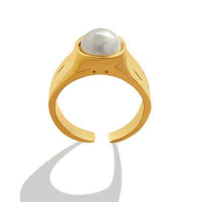 China Retro European and American FASHIONABLE Ring Stainless Steel Jewelry simple open Ring Imitation Pearl Ring 18K gold for sale