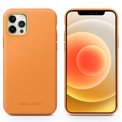 China QIALINO Handmade Luxury Orange Back Cover Real Leather Phone Case For iPhone 12 Pro Max for sale