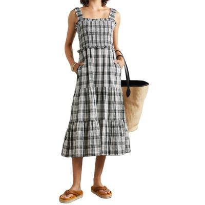 China OEM Summer Vacation Bohemia Ruffle Dress Breathable Sleeveless Spaghetti Strap Pleated Plaid Dresses Women Ladies for sale