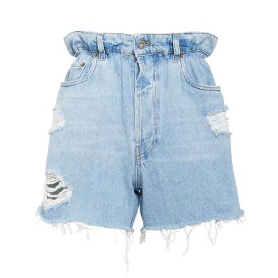 China OEM Breathable Raw Edge Distressed Paper Bag High Waist Denim Shorts Women for sale