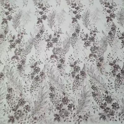 China luxury wedding bridal 3D sequins embroidery tube beads Tulle beaded lace fabric for wedding dress party dress for sale