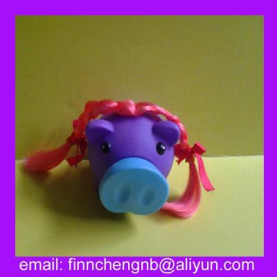 China High quality eco-friendly PVC pig shaped piggy banks with hair, keepsake gifts personalized plastic piggy bank, kids plastic cow piggy bank for sale