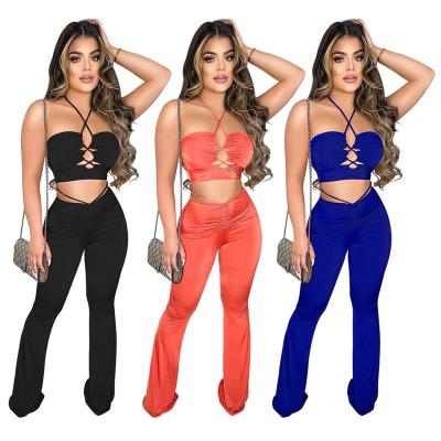 China New Arrivals Women's QUICK DRY Clothes Hollow Out Crop Top And Flare Pants Sets Halter Tube Top Casual 2 Piece Legging Suit for sale