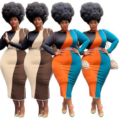 China Wholesale High Quality Plus Size Women Clothing Contrast Color Patchwork Dress Long Sleeve African Slim Viable OL Dress for sale