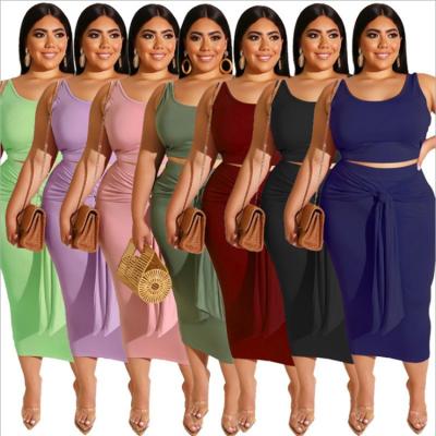 China New Plus Size 5XL Viable Women's Solid Color Fashion Suit Summer Casual Outfits Crop Top Bandage Dress Two Piece Women Clothing Set for sale