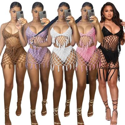 China Ladies Breathable Swimwear Hand Crochet Sexy Seaside Blouse Knitted Casual Swimwear Set Cutout 2 Piece Bikini Vocation Sexy Beach Wear for sale