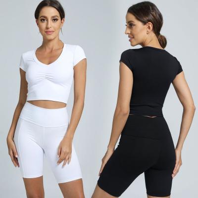 China New Summer Breathable Yoga Two Piece Set Ruffled Short Sleeve High Waist Shorts Fitness Sports Suit Sexy Gym Workout Sets for sale