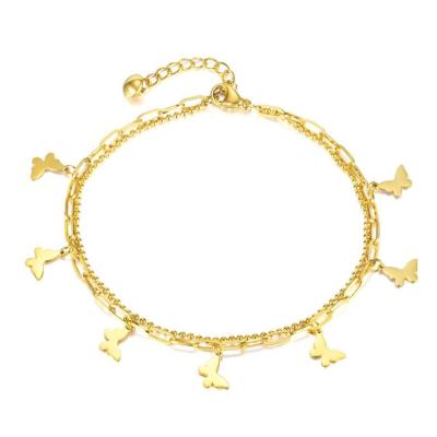 China Non Tarnish Jewelry 2022 Fashion Jewelry Double Layered Butterfly Charms 18k Gold Anklet Bracelets 316L Thick Stainless Steel Anklets For Women for sale