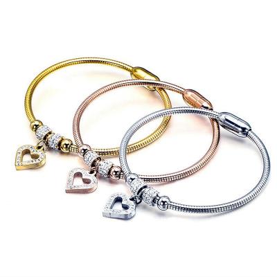 China FASHION Magnetic Clasp Snake Chain Gemstone Love Heart Charm Gold Plated Stainless Steel Bangles Bracelets for sale