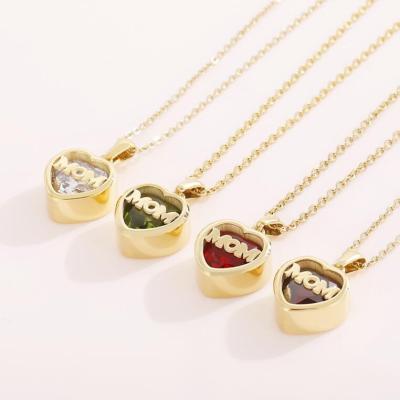 China Non Tarnish Fashion Jewelry MOM Letter Sublimation Heart Birthstone Stainless Steel 18K Gold Plated Pendant Necklace For Women for sale