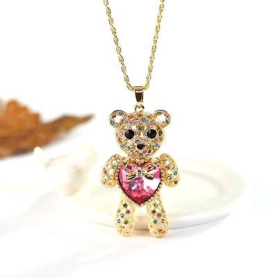 China Non Tarnish Fashion Crystal Love Heart Cz Bling Long Chain Teddy Bear Necklaces For Women Jewelry 18k Gold Plated Jewelry for sale