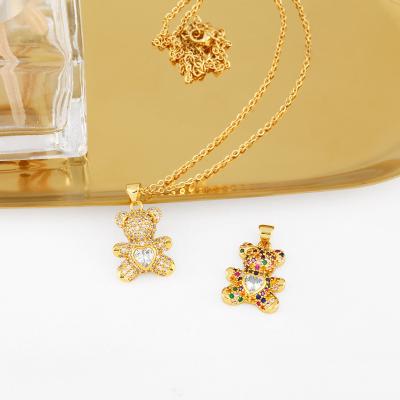 China Non Tarnish Jewelry 18k Gold Plated Stainless Steel Crystal Love Heart Teddy Bear Pendant Necklace For Women for sale