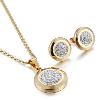 China Tarnish free CZ Diamond Round Necklace And Earrings 18k gold jewerly plated women stainless steel jewelry sets for sale