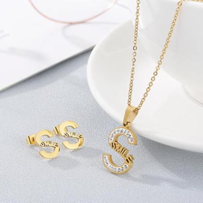 China Original tarnish free S necklace and earrings zircon 18k gold jewerly plated stainless steel jewelry sets for women for sale