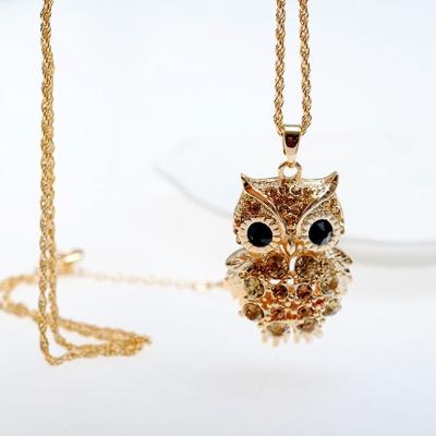 China Tarnish Free Jewelry Fashion Jewelry 18k Gold Plated Animal Bling Owl Pendant Long Crystal Necklace For Women for sale