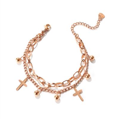 China Non Tarnish Fashion Jewelry Cross Charm Chunky Chain Gold Plated Stainless Steel Bracelet For Women for sale