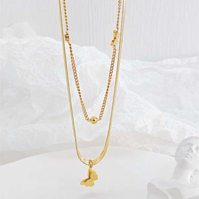 China Tarnish Free Jewelry Fashion Jewelry PVD Gold Plated Fishbone Snake Chain Butterfly Charm Stainless Steel Double Layered Necklace For Women 2022 for sale