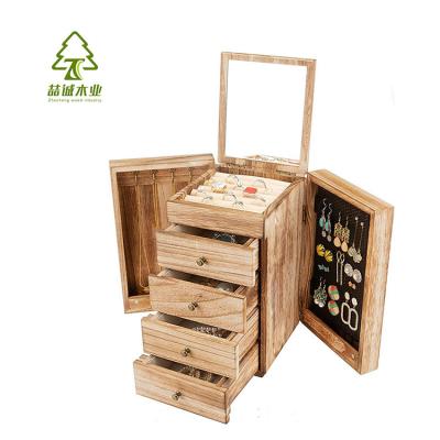 China Paulownia Customized Retro Style Ware Packaging Wooden Glass Jewelry Box 5 Layer Large Jewelry Storage Box for sale