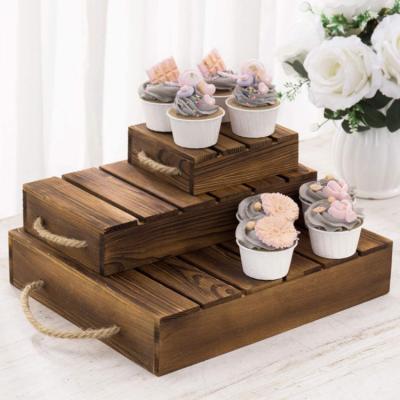 China Black Wooden Stand Cake Stand Set Tray Cupcakes Dessert Standpipe Rack Pine Viable Rustic Charcoal Style Outlet Plant Rack for sale