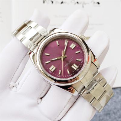 China Luxury Silver Red Dial 36MM Custom Logo Water Resistant ROL Clear Mechanical Case Watch for sale