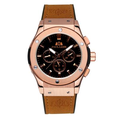 China Rose Gold Case Brown Leather Self-Wind Automatic Mechanical Rubber Strap Mens Business Paulareis Date Sports Geneve Watch for sale