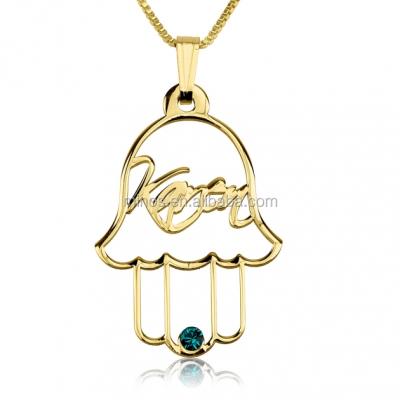 China Stainless Steel 24k Gold Plated Hamsa (Hand of Fatima) Name Necklace with Birthstone for sale