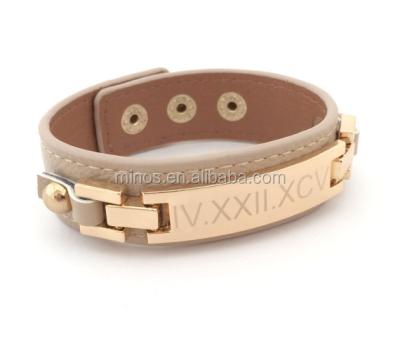 China Personalized Leather Stainless Steel Cuff Bracelet With Custom Gold Or Silver Monogram Bracelet Coordinate for sale