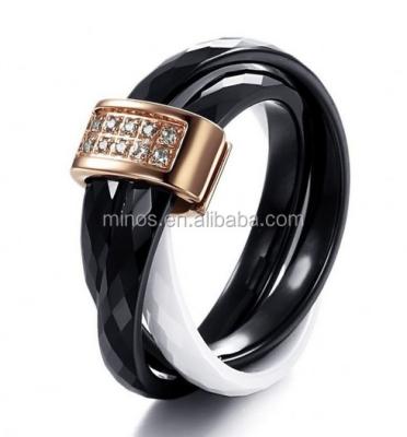 China Stainless Steel Ceramic Rings Rhombus Circle Black White Rose Gold Plated Bands 3mm Width Gift for sale