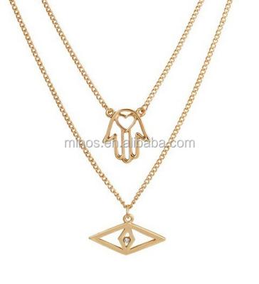 China 2 Pieces of Goldtone Modern Evil Eye and Hamsa Stainless Steel with Heart Pendants and Adjustable 20 Inch One Double Link Necklace for sale