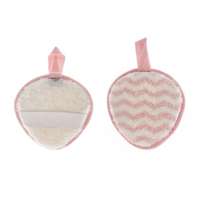 China EXFOLIATE Fruit Shape Heart Shape Cute Double Sided Bathing Exfoliating Scrubber Sponge Pink for sale