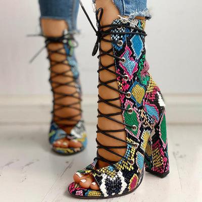 China Europe America fashion trend snake pattern summer high heel sandals fashionable women's sandals bandage sandals for sale