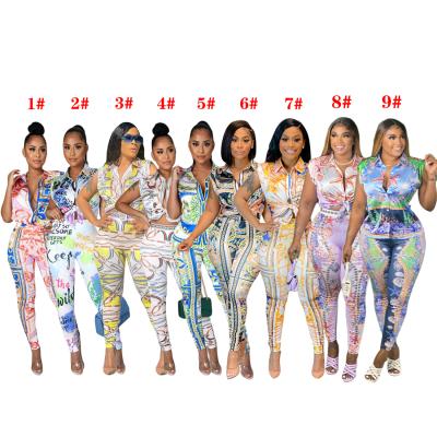 China 2022 Hot Selling QUICK DRY Stain Two Piece Pants Set Fashionable Pattern Printed Blouse Sleeveless Top And Pants Legging Two Piece Set for sale