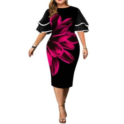 China Breathable Fashion Elegant Long Sleeve Printed Plus Size Bodycon Dress For Women for sale