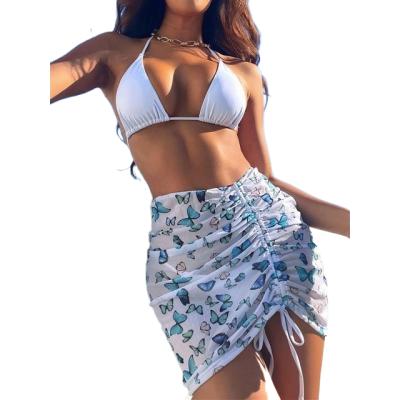 China New Arrival QUICK DRY 3 Piece Bikini With Skirt Sets Women's Mesh Print Cover Up Swimwear And Beachwear Dress Ladies Beachwear for sale