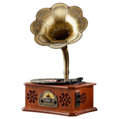 China Retro Phono/BT/AUX/USB/FM/AM/TF Card Style Phonograph Horn USB Vinyl Wooden Brown Phonograph Record Player for sale