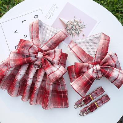 China Fashionable Stocked Party Dog Proof Vest Puppy Skirt Cat Plaid Dress Harness And Bowknot Leash Set for sale