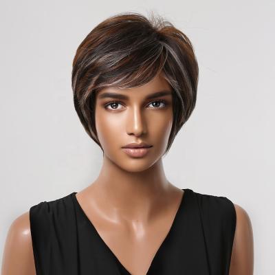 China Synthetic Wigs Gray Straight Wigs Short Blonde Body Wave Brown Pixie Cut With Bangs For Women Daily Heat Resistant Cosplay Wig for sale