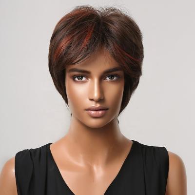 China Synthetic Short Straight Brown Body Wave Wigs With Highlight Wigs With Pixie Cut Bangs For Women Party Natural Hair Heat Resistant Wig for sale