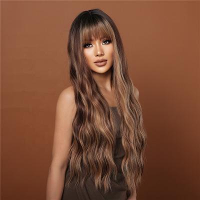 China Women's Long Water Wave Body Wave Wigs Brown Party Super Wavy Mixed Synthetic Cosplay Wigs Natural Look With Bangs Heat Resistant Wig for sale