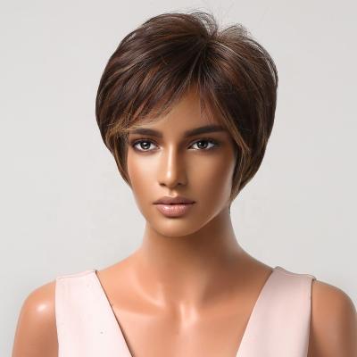 China Synthetic Mixed Brown Body Wave Wigs Short Pixie Cut Wig With Bangs For Color Women Cosplay Hair Daily Wig Heat Resistant Fiber for sale